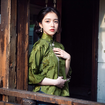 红馆旗袍真丝搭配马面裙一片式古法全开襟平裁国风新中式绿蓝色上衣月在明 草绿色 S