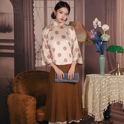 红馆旗袍2025春夏新款倒大袖民国复古小个子毕业典礼学生真丝上衣风花雪 粉红色 S