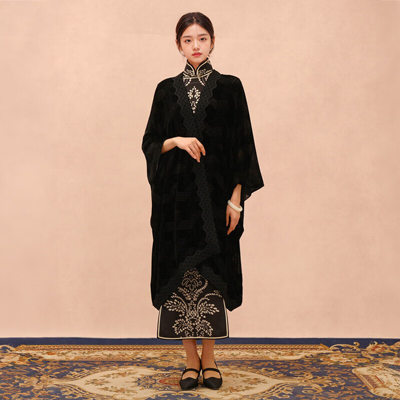 红馆旗袍旗袍2025新款披肩春旗袍搭配披肩外套外搭高端披肩百搭翠梧黛 黑色 S