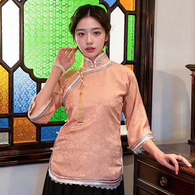 红馆旗袍时尚漂亮2025春夏新款倒大袖气质日常气质旗袍复古上衣夏山风 粉红色 S