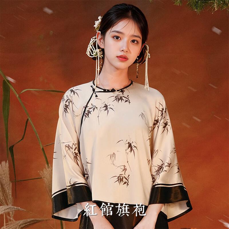 红馆旗袍2025春新款一片式平裁古法全开襟倒大袖新中式上衣国风新中式清风 白色 S