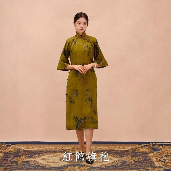 红馆旗袍2025春夏新款花罗香云纱长款倒大袖宽松复古高端旗袍翠玉簪 黄色 S