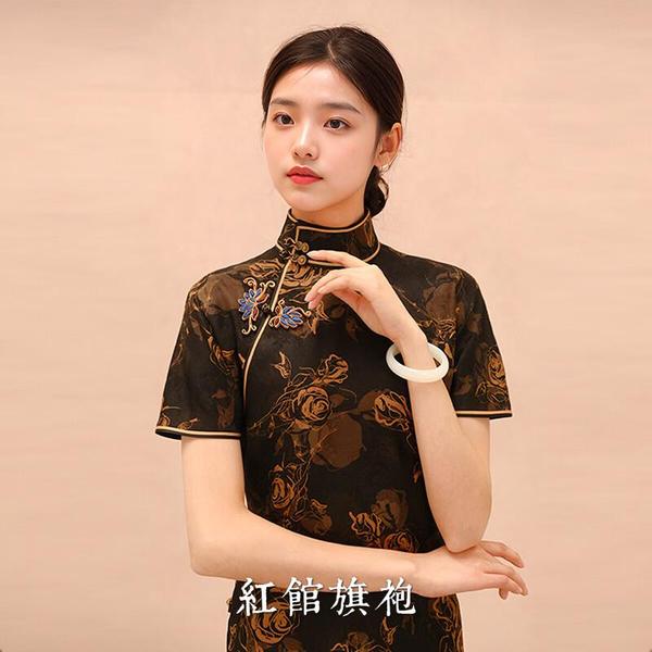 红馆旗袍2025新款春夏真丝香云纱精致高端胖MM大码古典旗袍春不晚 茶色 S