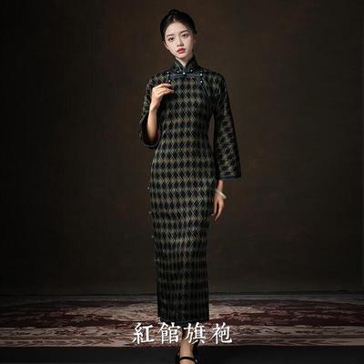 红馆旗袍红馆旗袍老料香云纱倒大袖纤细手臂七分袖旗袍清乐歌 黑色 S