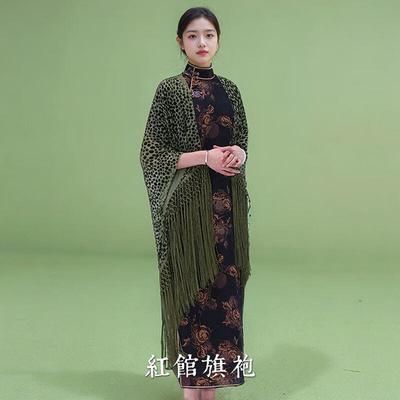 红馆旗袍2025新款旗袍春夏外搭高端优雅女搭配围巾流苏披肩翠梧鸣 绿色 定制