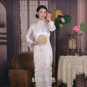 红馆旗袍2025新款春夏织金真丝老料奢华高端老上海品牌长款大码旗袍凤蝶词 白色 S