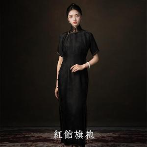 红馆旗袍2025夏季新一片式古法修身款式香云纱高端高级黑色长款旗袍沐栀子 黑色 S