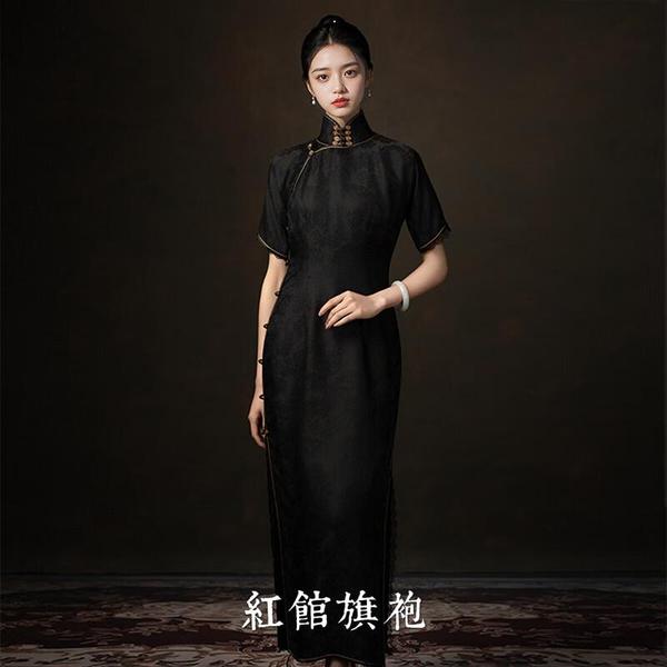 红馆旗袍2025夏季新一片式古法修身款式香云纱高端高级黑色长款旗袍沐栀子 黑色 S