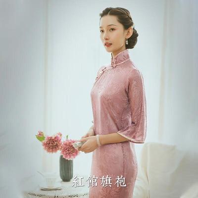 红馆旗袍2025春夏薄款真丝古法新款薄纱半透明旗袍高估订婚半面妆 浅紫色 S