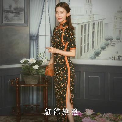 红馆旗袍真丝旗袍2025新款夏季显瘦传统高端民国真丝长款短袖子厚诗 黑色 S