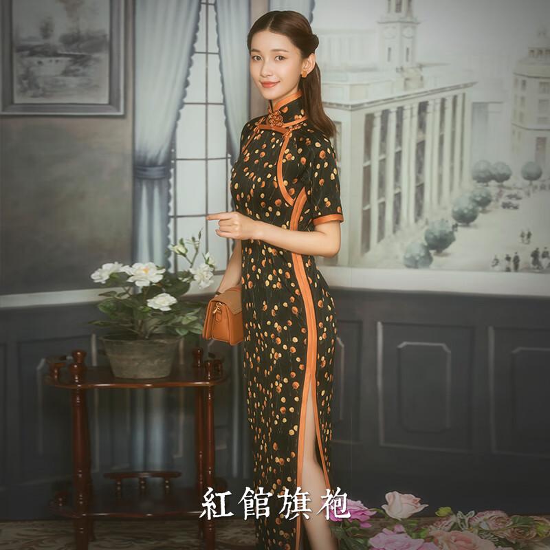 红馆旗袍真丝旗袍2025新款夏季显瘦传统高端民国真丝长款短袖子厚诗 黑色 S