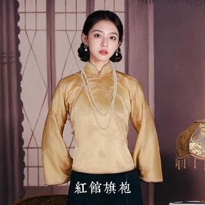 红馆旗袍2025春夏新款马面裙套装新中式倒大袖真丝刺绣绣花显瘦上衣蝶语花 黄色 S