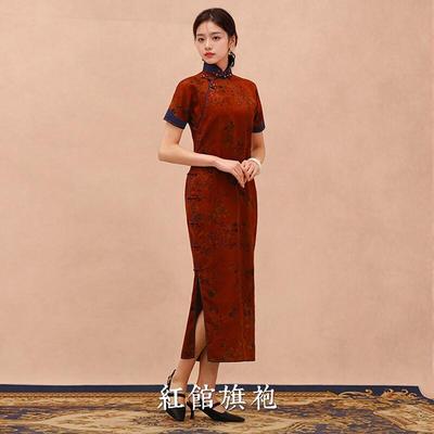 红馆旗袍2025春夏新款一片式古法平裁全开襟高端香云纱长款旗袍畔香玲 深红色 S