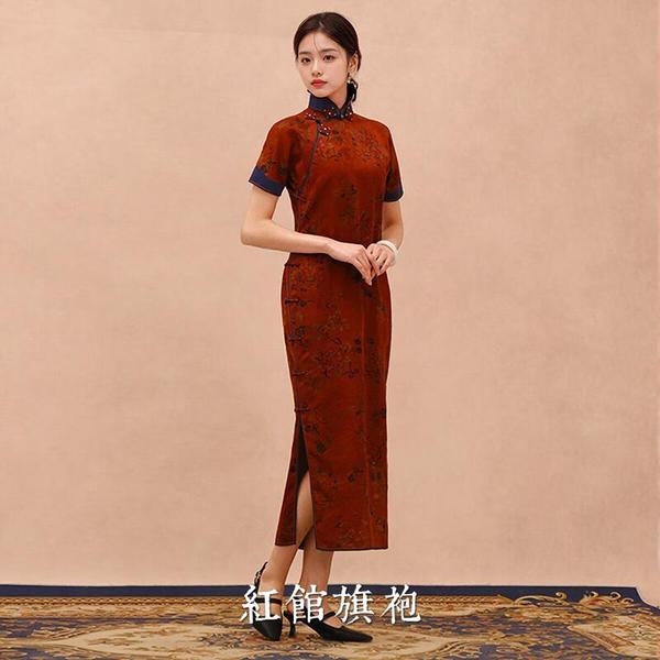 红馆旗袍2025春夏新款一片式古法平裁全开襟高端香云纱长款旗袍畔香玲 深红色 S