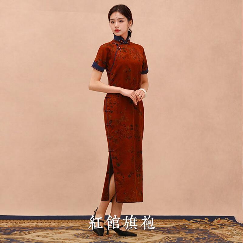 红馆旗袍2025春夏新款一片式古法平裁全开襟高端香云纱长款旗袍畔香玲 深红色 S