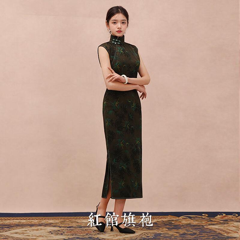 红馆旗袍2025春夏新款高端高贵老料香云纱长款女显身材旗袍墨竹图 绿色 S